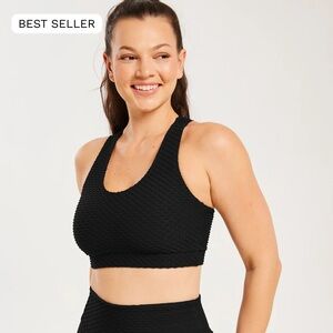 Booty by Brabants Croco Skin Textured Black Sports Bra Scoop Top OS
